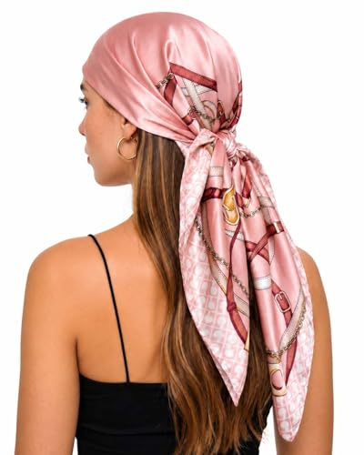 corciova 35x35 Large Square Satin Hair Scarf for Women – Silk-Feel Head Wrap, Night Protection, Fashion Bandana & Headscarf (1 Pcs Pale Pink Chains and Belts)