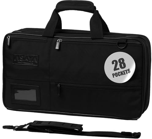 Estuche para Cuchillos para Cocineros Profesionales - 28 Bolsillos para Cuchillos y Utensilios de Cocina - Nailon balístico Duradero, herrajes de Acero Inoxidable Negro, Soporte para Tarjetas de