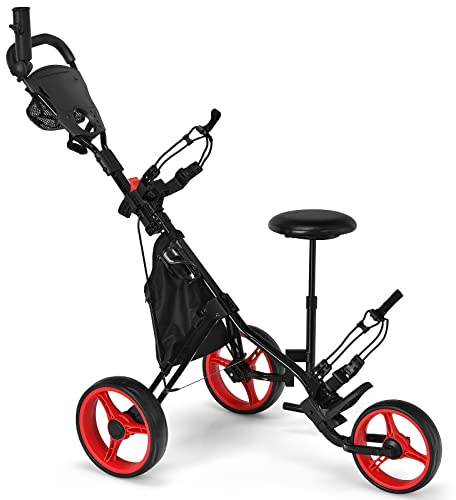 COSTWAY Chariot de Golf à 3 Roues Pliable, avec Porte-gobelet, Frein à Pied, Tableau de Score, Sac de Rangement, Poignée Réglable sur 4 Positions, Porte-Parapluie et Siège Réglables, Rouge + Noir