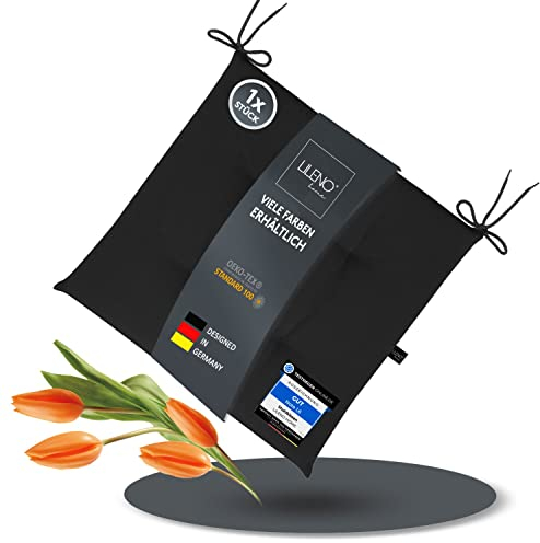 LILENO HOME 1er Set Stuhlkissen Schwarz (40x40x4,5 cm) - Sitzkissen für Gartenstuhl, Küche oder Esszimmerstuhl - UV-beständige Indoor u. Outdoor Stuhlauflage als Stuhl Kissen (Laura FUM)