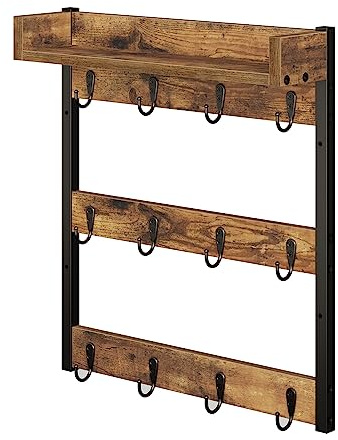 YATINEY Mug Tree, Coffee Mug Holder Stand with Top Shelf, 3-Tier Wall Mounted Mug Storage, Hanging 12 Cups, for Kitchen, Dining Room, Cafe, Rustic Brown XMH42BR