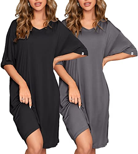 FENTENG 2-pack Women's Nightgowns Short Sleeve Nightshirt V Neck Soft Sleepwear Casual Sleepshirts Loose Pajama Dress (Black+Dark Grey, XL)