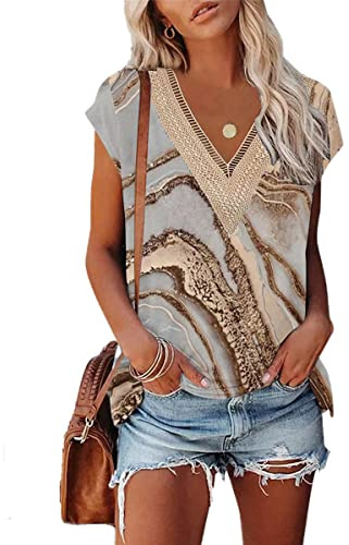 GRMLRPT Blusa Cuello en V Color Sólido 2025 Camisa Manga Corta Mujer Verano Moda T-Shirt Elegante Camiseta Suelto Tops Casual(Beige,M)
