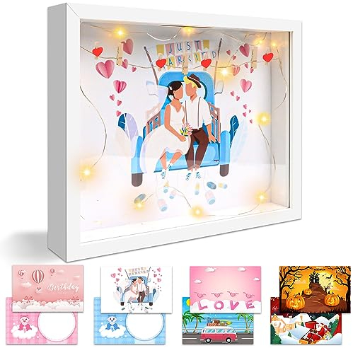 3D Bilderrahmen zum Befüllen, 8 in 1 Bilderrahmen Hochzeit, DIY Bilderrahmen Spardose mit Licht und Plexiglas, Tiefer Bilderrahmen für Geldgeschenk Hochzeit/Taufen/Geburtstag/Valentinstag