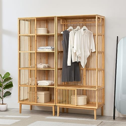 [en.casa] Garderobenset Trundholm + Vemb 185 x 160 x 45 cm aus Bambus 1 x Standregal mit 5 Ablagefächern und 1 x Garderobenständer für Flur Schlafzimmer Wohnzimmer