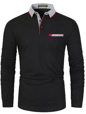 VHUQGVU Mens Stylish Polo Cotton Long Sleeve Contrasting Color Regular Top Golf Shirt,Black,M