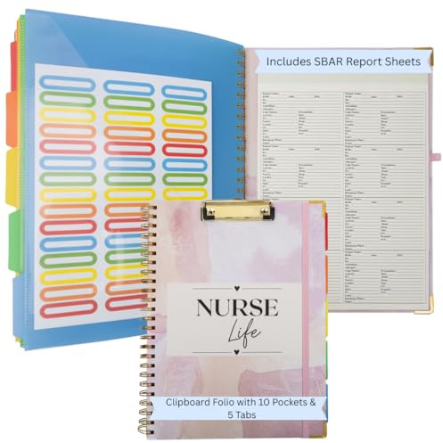 Nurse Clipboard Folio with SBAR Report Sheets – Refillable Nursing Report Notepad, 10 Pocket File Organizer, 5 Tab Dividers (8 Patients per Page Refillable Report Notepad)