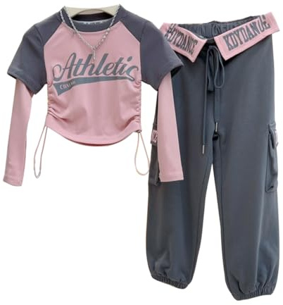 linboo Kinder Sportanzug Mädchen 2tlg Hip Hop Kleidung Gefälschte Zwei Langärmshirt und Sporthose Jogginganzug Kinder Sportkleidung, Rosa, 146-152