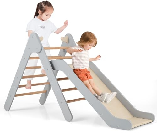 COSTWAY 2 in 1 Set da Arrampicata con Scivolo per Bambini, Triangolo di Arrampicata in Legno Regolabile a Gradi, Giocattolo per Arrampicarsi all’Interno, 1 Anno+ (Grigio)