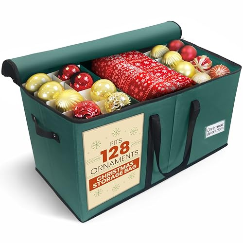 Pelle & Sol Christmas Bauble Storage Box - Ornament Storage with Dividers - Holds 128 Ornaments Christmas Decorations - Tear-Proof Fabric, Sturdy, & Multipurpose - Christmas Decoration Storage (Green)