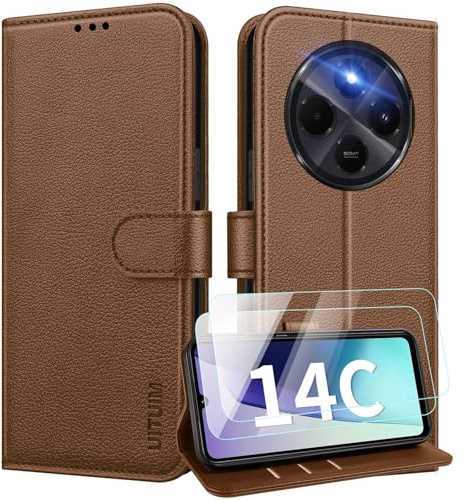 UITUIM Cover per Xiaomi Redmi 14C Cover Custodia con 2 Vetro Temperato Pellicola a Libro Portafoglio in Pelle Cover Porta Carte Flip Case Protettiva Custodia per Xiaomi Redmi 14C,Marrone