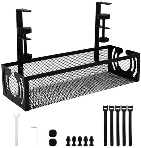 Mecmbj Under Desk Cable Management Tray, No Drill, Metal Mesh Cable Management Under Desk with Clamp Mount, Table Wire Tidy Tray, Cord Organizer for Office, Home(Black 2, 34 x 12 x 8 cm)