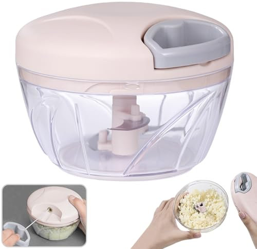 Vegetable Chopper 500ml - Multi-Function Manual Food Processor - Hand-Pull Design with Handle & Lid - Slicer, Dicer & Blender for Onion, Garlic, Peppers, Fruits, Nuts, Herbs (Pink)