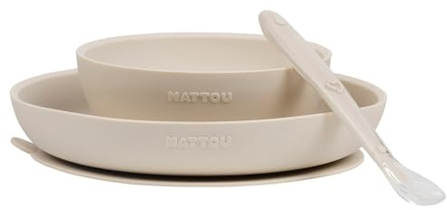 Nattou Set da Tavola in Silicone per Bambini, 3 Pezzi, 1 Cucchiaio, 1 Piatto, 1 Ciotola, Antiscivolo, Privo di BPA, Silicone, Argilla