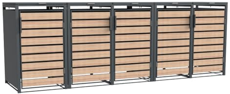 Westmann Metall Mülltonnenbox Lacina 5x240 L Anthrazit Holzoptik Mülltonnen Verkleidung mit Gasdruckfedern Pulverbeschichteter Stahl Wetterfest & stabil Klappdeckel & Fronttüren