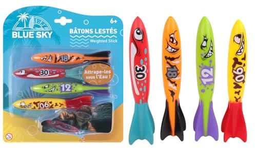 BLUE SKY - Set de 4 Batons Lestés - Jeu de Plongée - 048411 - Plastique - Apprentissage Natation - Immersion - Jouet Enfant - Jeu de Piscine - À Partir de 6 Ans