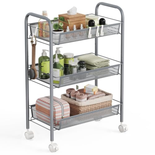 WELDUN 3-Tier Storage Trolley, Rolling Cart, Mesh Storage Cart, Metal Bathroom Cart, Portable, Stable and Easy to Set up, Bedroom Kitchen Bathroom Living Room Storage Cart, Metal, Gray