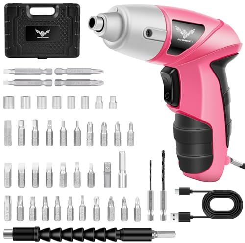 JENABOM Electric Screwdriver Cordless, 47 in 1 Portable Pink Cordless Driver, 3.6V Rechargeable 3.5N·m Screwdriver Kit with LED Light for Women Home Improvement DIY Project
