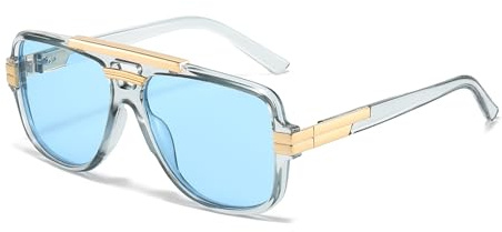 YAMEIZE Occhiali da sole in metallo stile pilota, stile retrò, per donne e uomini, occhiali da sole vintage a doppio ponte, protezione UV400, per guida, Grigio blu