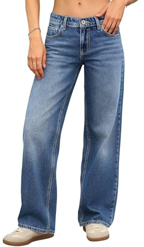 ELLEVEN Low Rise Baggy Jeans for Women Trendy Stretchy Y2K Wide Leg Jeans Boyfriend Straight Leg Denim Pants Blue Denim 12