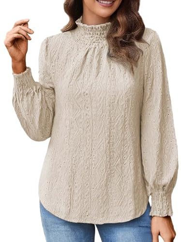 Generisch Blusa de manga larga para mujer con cuello alto y bordado con agujeros. Elegante blusa con mangas de globo. Parte superior romántica de estilo victoriano