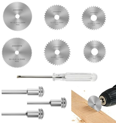 Stalora Kit Completo Mini Sierra Circular, 6 Discos de Sierra HSS + 3 Puntas de Clavo + Destornillador para Dremel, Herramientas Rotativas para Cortar Madera, Plástico, Metal - Accesorios Multifunción