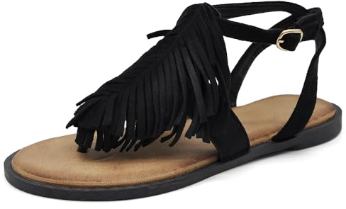IF Sandali Donna Bassi Infradito con Frange, Sandali Flat Effetto Camoscio con Cinturino alla Caviglia e Fibbia, Calzature Boho Chic Casual GY8520 nero N.37