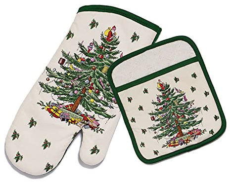 Spode - 2pc Kitchen Set, Matching Oven Mitt & Pot Holder, Holiday Home Decor (Spode Christmas Tree Collection)