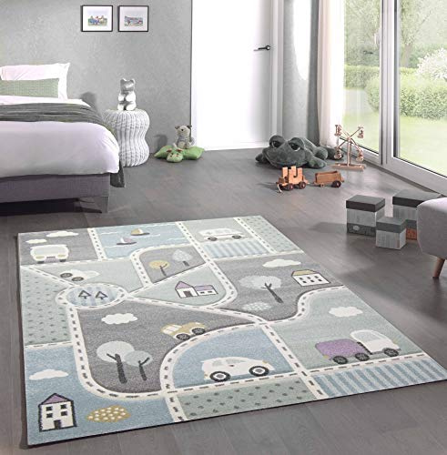 CARPETIA Matta barnrum, barnmatta, matta, bil, blå, grön, storlek 160 x 230 cm