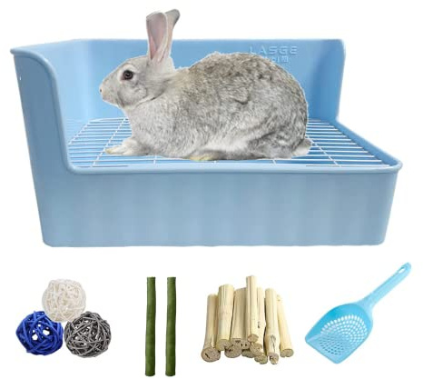 Tfwadmx Rabbit Litter Box Toilet Bunny Corner Litter Pan Pet Toilet Potty Trainer with Scoop Rabbit Chew Toys for Guinea Pigs Galesaur Chinchilla Ferret Small Animal (Blue)