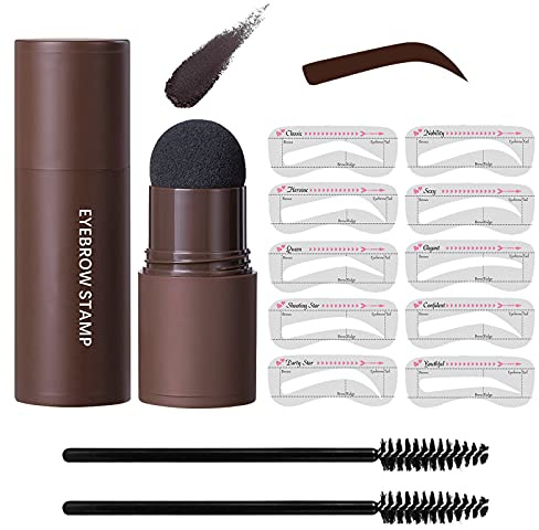 Eye-Brow Stamp Stencil Kit, Waterproof Brow Stamp Shaping Kit Eye Brow Definer & Filling Powder, Women Makeup Tools with 10 Reusable Eyebrow Stencils, 2 Brushes (Dark Brown)