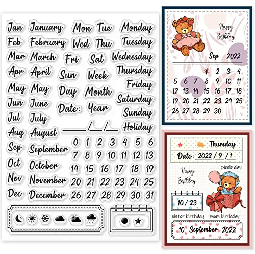 GLOBLELAND Calendar Date Clear Stamps for Crafting 21x14.8cm/8.3x5.8inch Month Week Day Numbers Silicone Clear Stamp Seals for Card Making DIY Scrapbooking Photo Journal Album Decoration
