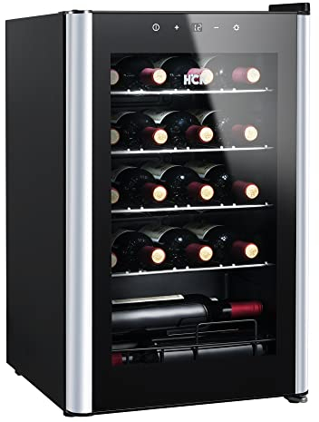 HCK 70L Cave a Vin 24 Bouteilles, Cave à vin Silencieuse, réfrigérateur à vin 4-22°C, Réfrigérateur Silencieux Avec Porte En Verre, Panneau Tactile Entièrement en Verre, Noir