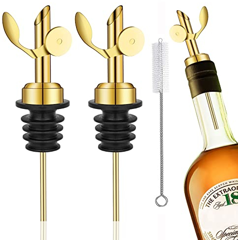 WAFJAMF 2 Pcs Weighted Stainless Steel Bottle Pourers, Self Closing Olive Oil Dispenser Spout, Auto Flip Feature Liquor Pour Spouts for Pours Liquid, Olive Oil, Wine, Vinegar (Gold)