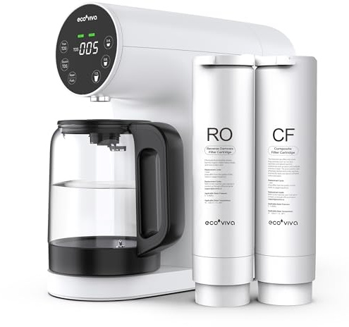 Ecoviva bänkskiva omvänd osmos vattenfiltreringssystem, bärbart RO-vattenfilter renare med 4-stegsfiltrering, 3:1 ren att dränera, TDS-Mnotor, snabbare leveransflöde, plug and use - vit