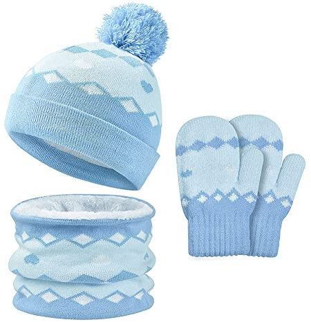 Kinder Wintermütze Schal Handschuhe Set Mädchen Jungen Winter Strickmütze Mütze Gestrickt Beanie Hut Warm Kindermütze Winterschal Weich Outdoormütze Halswärmer Plüsch Fäustlinge Süß Fleecemütze
