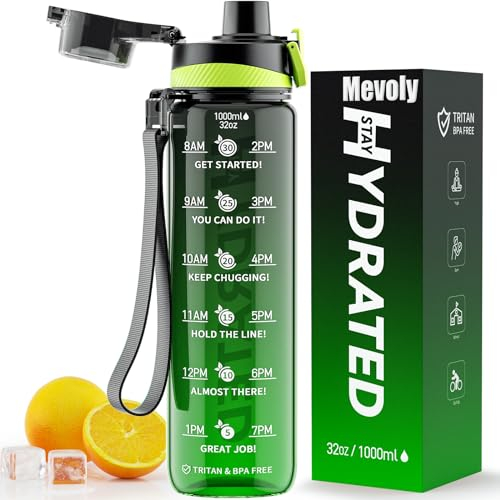 Mevoly Trinkflasche, 1L Wasserflasche Auslaufsicher BPA-Frei aus Tritan, 1 Liter Trinkflasche Sport mit Zeitmarkierung und Abnehmbare Schnürung, Flasche für Fitnessstudio, Oudoor, Gym, Schule