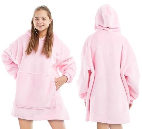 KEPLIN Oversized Blanket Hoodie - Thermal, Soft & Comfortable Throw Hoodie Blanket with Sherpa Lining, Large Pocket & Elasticated Cuff Sleeves - One Size Fits All, Regular (152x86x82cm) Pink