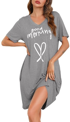 Sopesil Chemise de Nuit Femme en Modal Robe de Nuit à Col V Courtes Vêtement de Nuit avec Manches Couleur Pure Chemises de Nuit imprimée en Forme de Coeur,Gris Clair,L