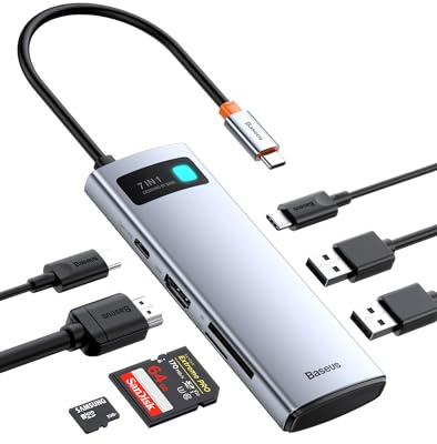 Baseus USB C Hub 7 in 1 Docking Station Adapter mit 4K HDMI, 100W PD, 2 USB 3.0 5Gbps, SD/TF Kartenleser für iPhone 15, Laptop MacBook/Surface Pro/iPad/Steam Deck/Rog Ally/Samsung usw