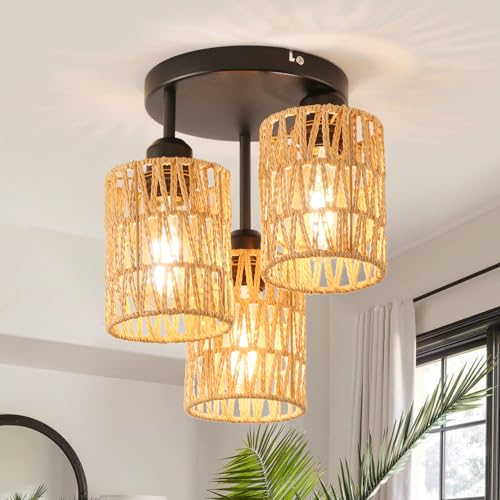 ANWIO Chandeliers Ceiling Light 3 Lights,Vintage Retro 3 Way Lamp Shades Ceiling,Fiber Rope Cage Shade Hanging Pendant Ceiling Lights,Bedroom Light Shades,Hanging Light Fitting,Loft Lighting（E27）