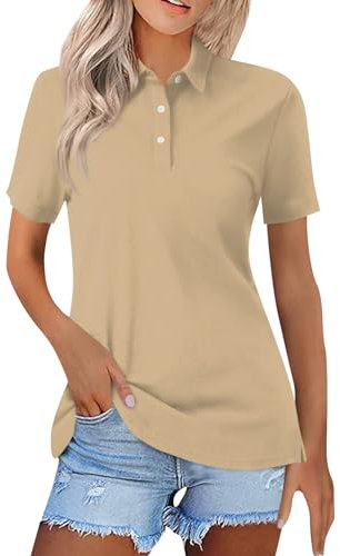 Poloshirt Damen Kurzarm Damen Poloshirts Kurzarm Polohemd Schnelltrocknend Golf Tennis Shirts Leicht Sport T-Shirts Sommer Tops Atmungsaktiv Fitness Laufshirts mit 1/4 Knopfleiste M 01-Beige
