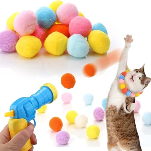 1 lanciapalle per gatti e 100 palline gatto peluche, Palla giocattolo per gatti, giocattolo elastico in peluche, Palline Morbide per Gatti con Lanciatori in Plastica, per gatti per Giocare