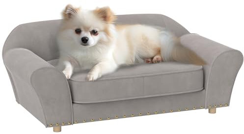 PawHut Hundesofa für kleine Hunde, Hundebett mit abnehmbarem und waschbarem Kissen, Haustiersofa mit Nietendekoration, 10 kg, Grau