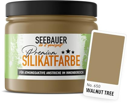 SEEBAUER diy Silikatfarbe Braun 300ml für Innen (No. 650 Walnut Tree) Atmungsaktive Mineralfarbe für Allergiker - Abwaschbare Wandfarbe - Brauntöne hohe Deckkraft