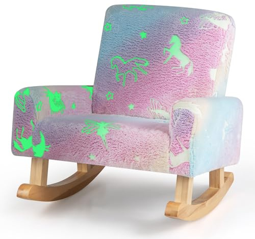 DREAMADE Fauteuil à Bascule Enfant 3-5 Ans Brillant dans Le Noir,Chaise à Bascule Garçon Fille avec Pieds en Bois Massif, Tissu en Flanelle,Motif Licorne,pour Salle de Jeux,Crèche,Chambre,Salon