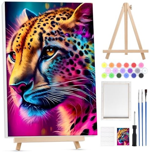 Lxmsja Guepardo Pintar por Numeros Adultos con Marco, con Caballete de Madera, DIY Cuadros para Pintar por Números Guepardo, Animal Pintura Acrilica Lienzos Manualidades Decoracion Hogar Pared 20x30cm