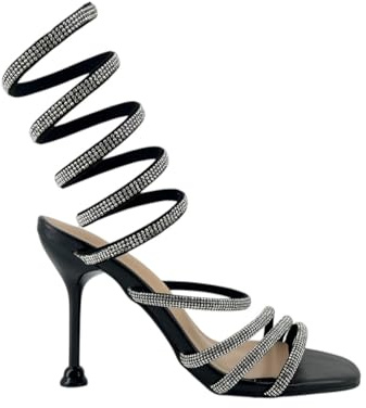 MODELISA - Sandalia De Tacón Alto Brillo Correa Espiral Tobillo Fiesta Boda Mujer (Negro, Sistema tallas calzado EU, Adulto, Mujer, Números, mediano, 39)
