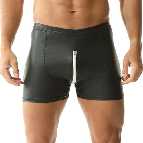 QiaTi Men's Wet Look PU Leather Shorts Slim Club Hot Short Pants Men Sexy Backless Rave Shorts for Party Casual