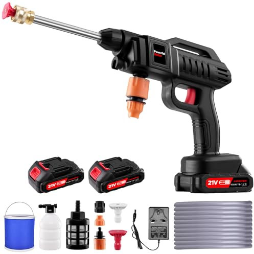1500W Nettoyeur Haute Pression sans Fil avec 2 * 2Ah Batterie, 21V Nettoyeur Haute Pression Portable avec 2 Buses (0°,40°), 5m Tuyau, Seau, Connecteur, Pot en Mousse Adapté pour Nettoyer Les Voitures